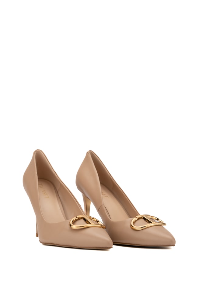 Shop Twinset Leather Pumps With Logo In Hazelnut