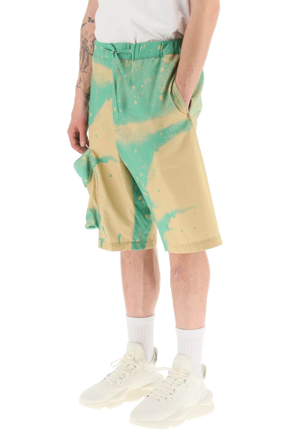 Shop Oamc Smudge Oversized Shorts With Maxi Pockets In Green (green)