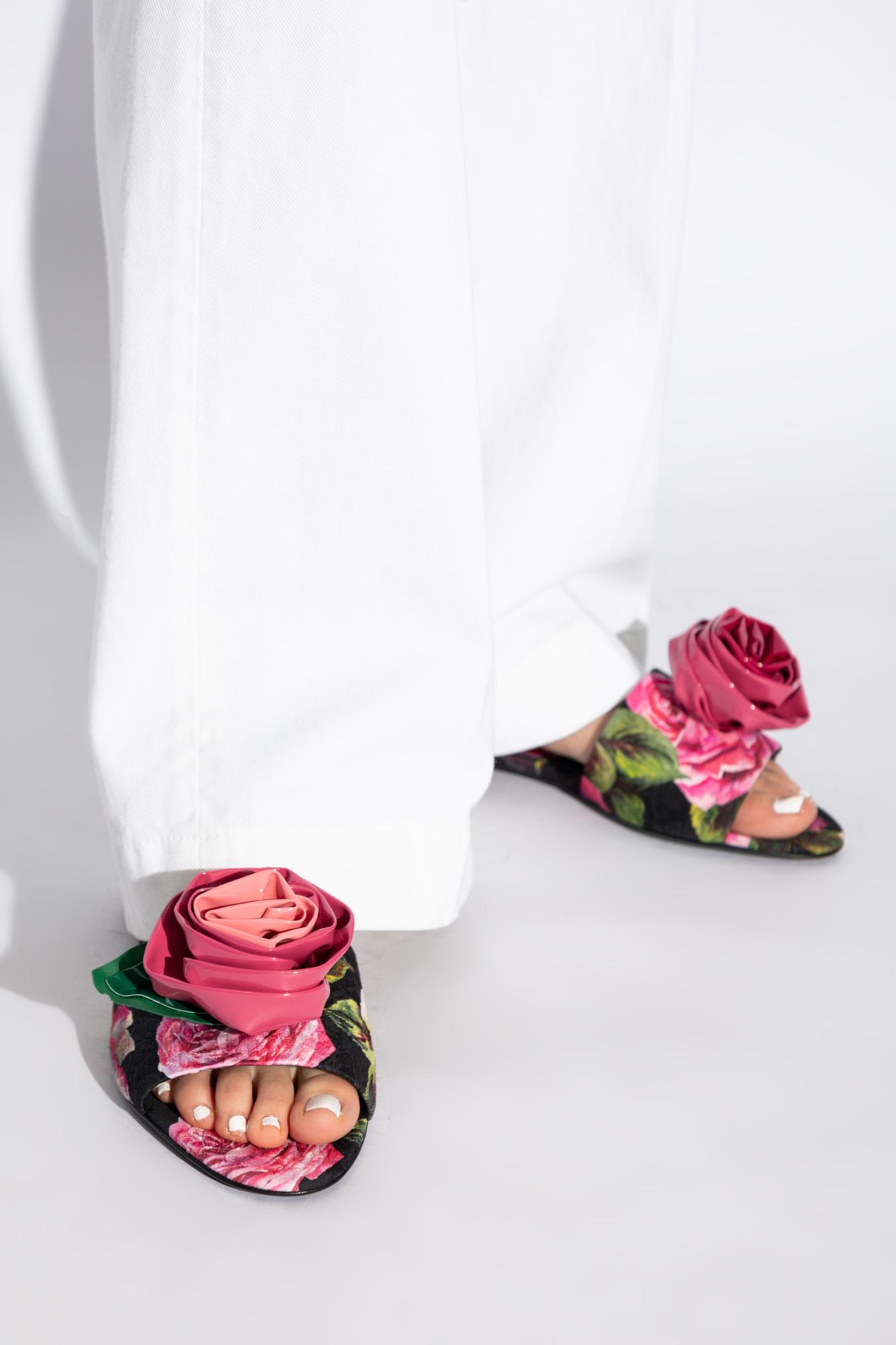 Dolce & Gabbana Rose Embellished Printed Flat Sandals In Black