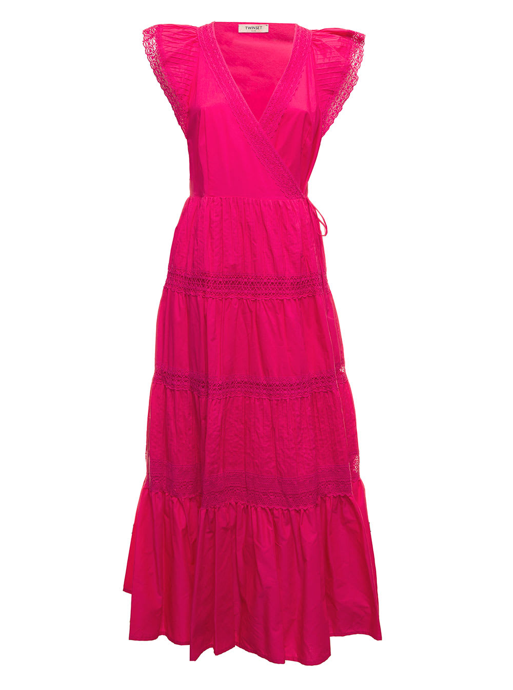 TwinSet Twin Seta Womans Azalea Selvaggia Pink Cotton Long Dress With Lace Inserts