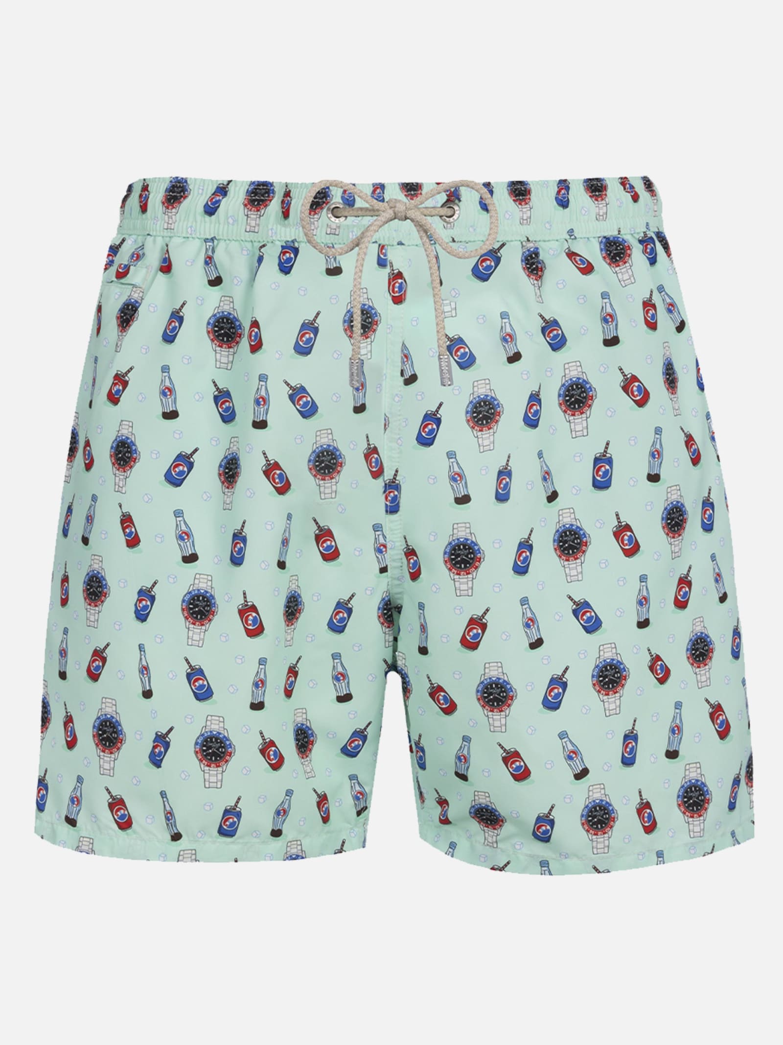 Mc2 Saint Barth Man Lightweight Fabric Swim-shorts Lighting Micro Fantasy With Watches And Drinks Print In Green