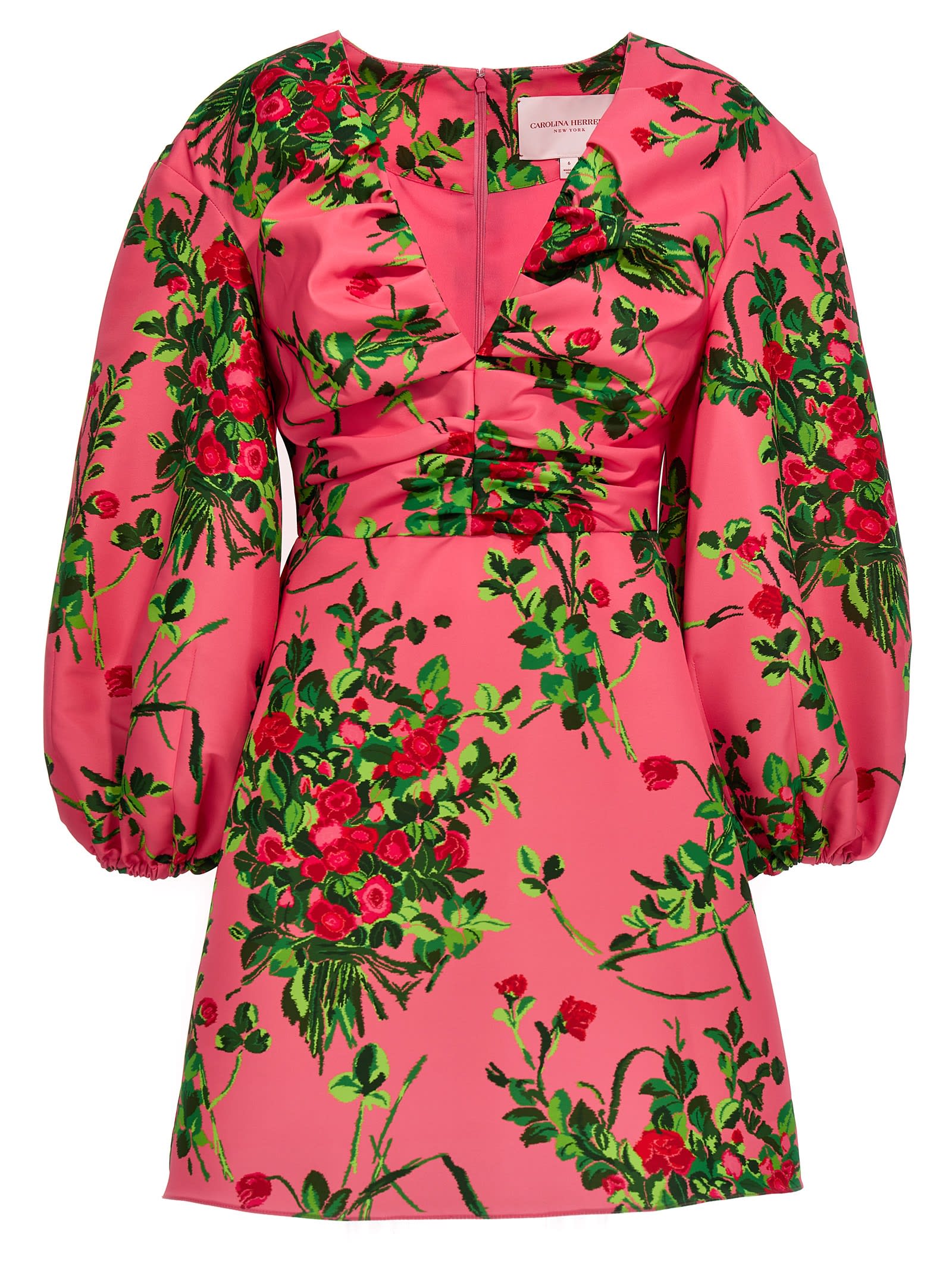 Carolina Herrera Floral Print Ruched Mini Dress With Balloon Sleeves In Multicolor