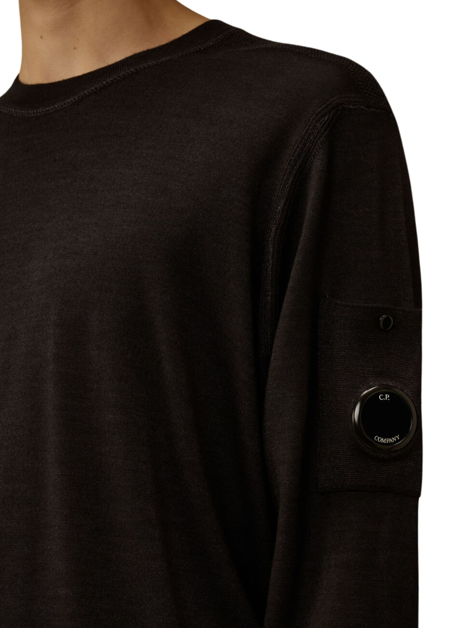 C.p. Company Fine-knit Merino Crewneck Sweater With Patch Pocket Detail In Brown