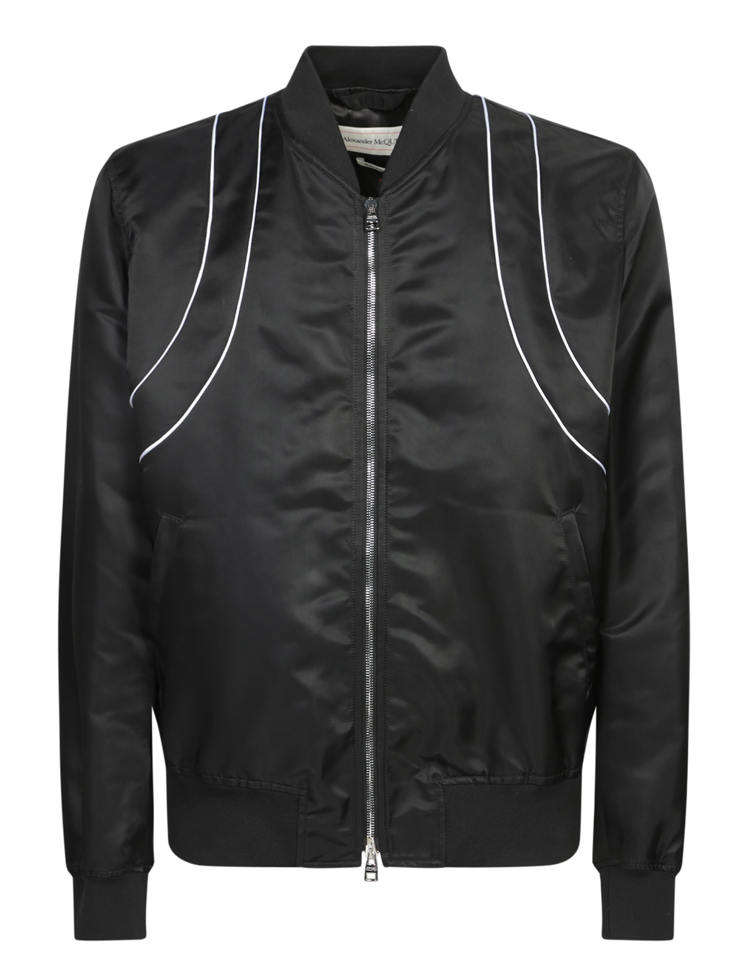 Alexander Mcqueen Solid Color Nylon Bomber Jacket With Contrasting Details In Black
