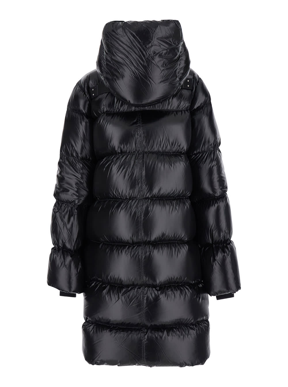 Shop Rick Owens Black Double-breasted Long Coat In Shiny Finish Nylon Woman