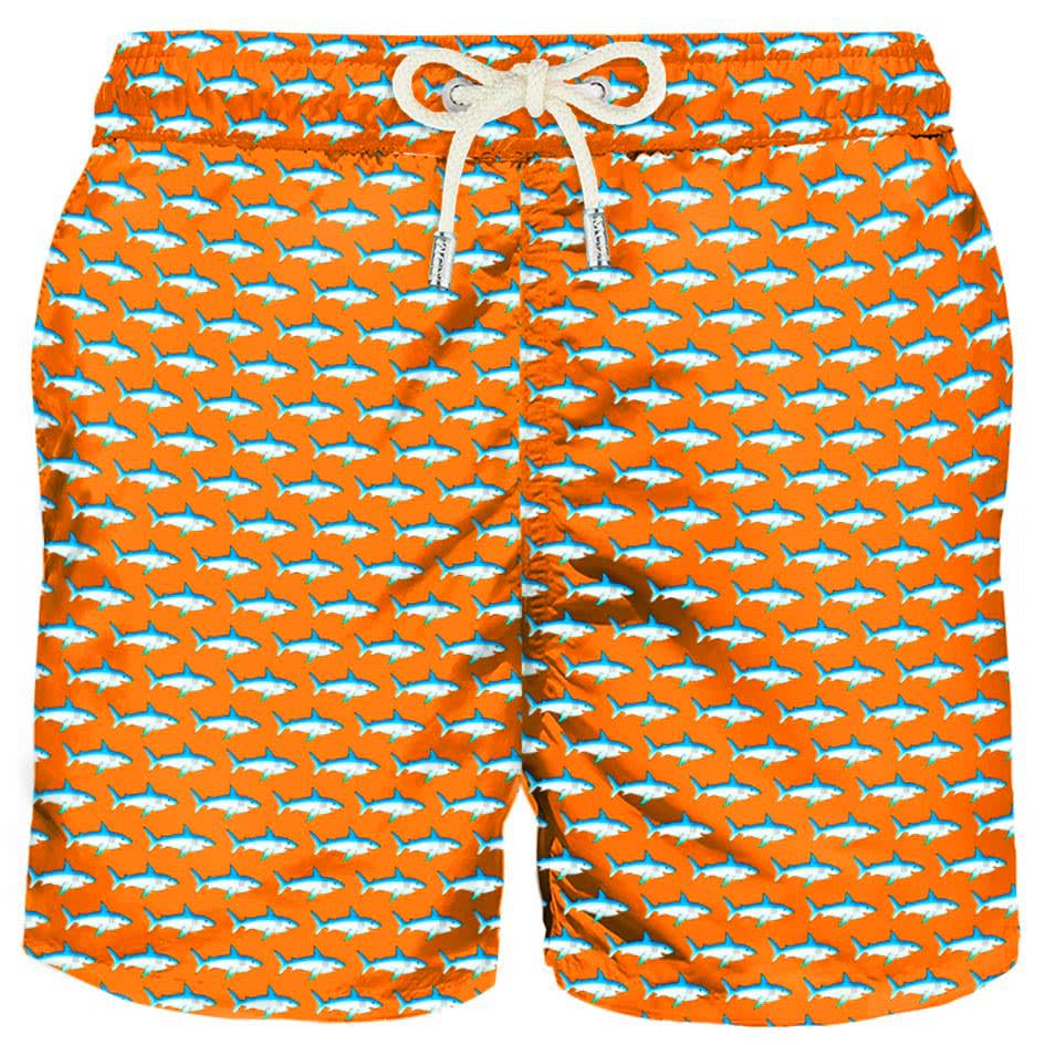 MC2 Saint Barth Sharks Micro Print Orange Fluo Light Fabric Swim Short