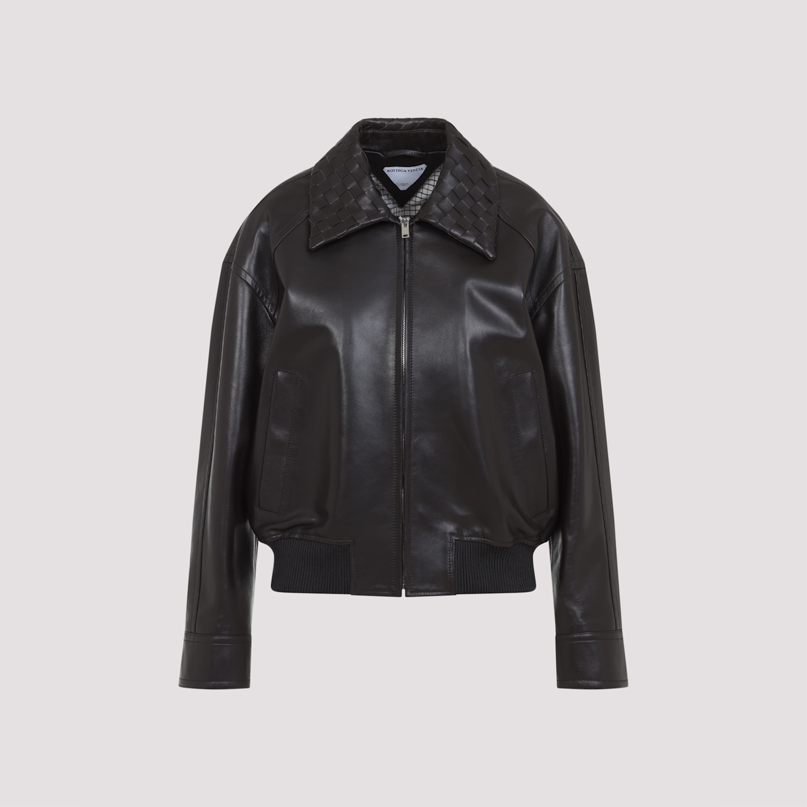 Bottega Veneta Intrecciato Collar Leather Jacket In Black