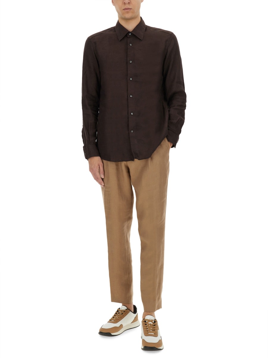 Hugo Boss Boss Camel Brown Slim Fit Linen Shirt With Button-down Front