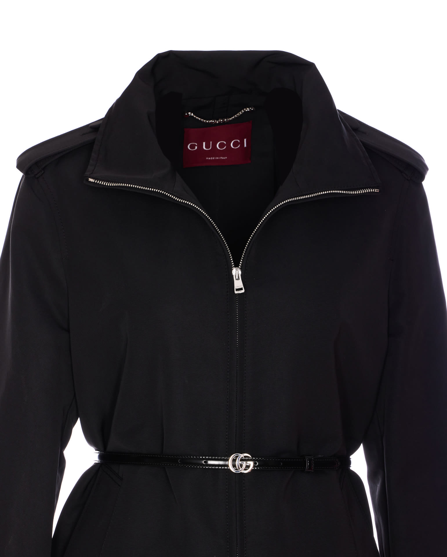 Gucci Belted Waist Nylon Faille Coat With Epaulettes In Black