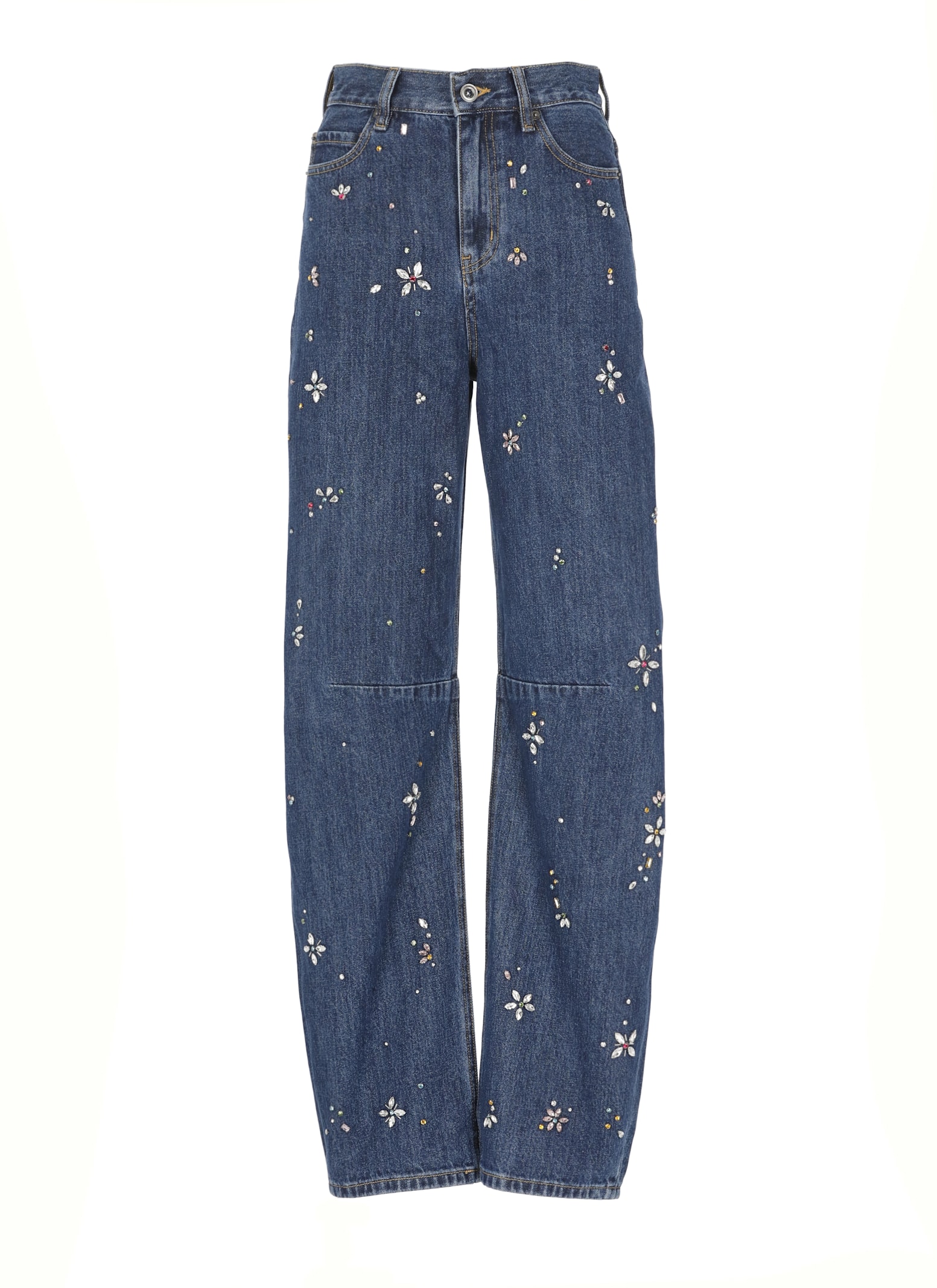 Self-portrait Wide-leg Cotton Jeans With Strass Floral Embellishments In Blue