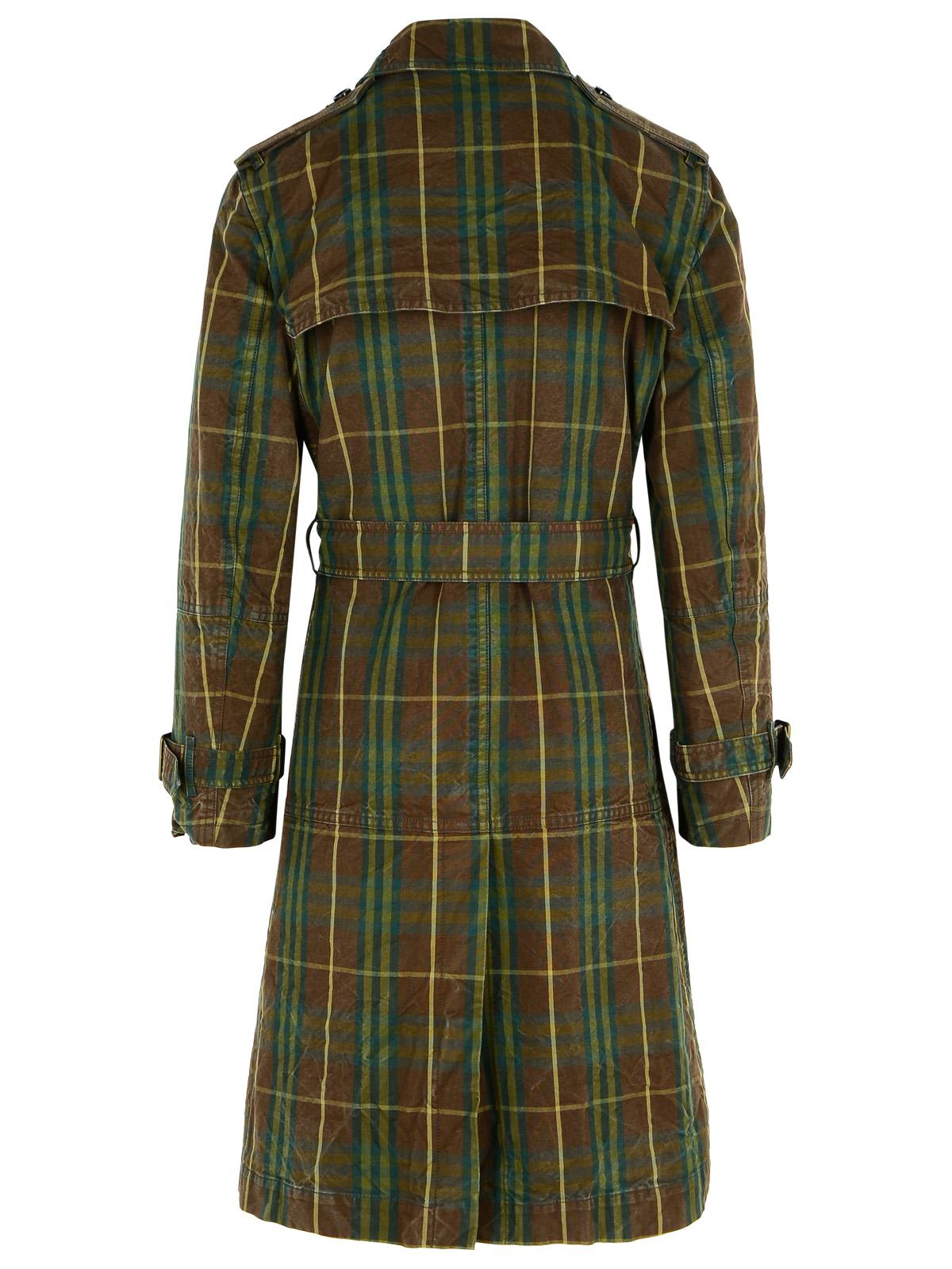 Shop Burberry Check Dark Green Cotton Trench Coat