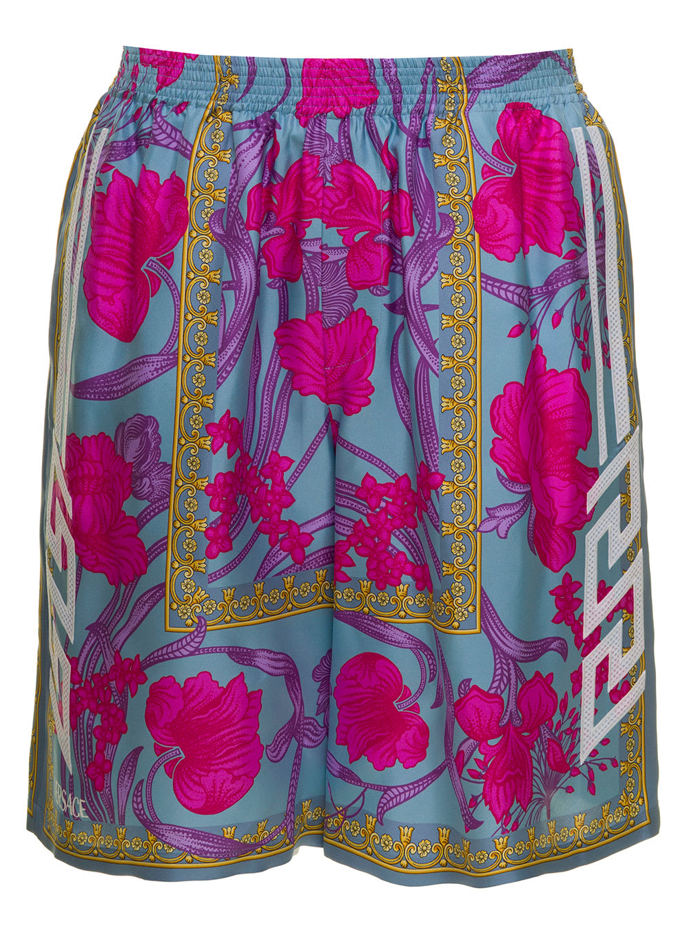 Versace Mans Acid Bouquet Printed Multicolor Silk Twill Bermuda Shorts