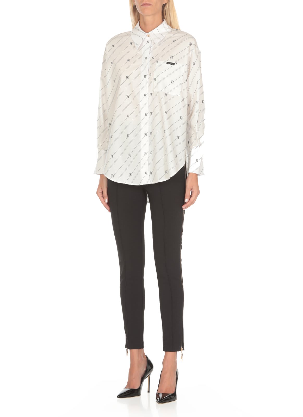 Shop Elisabetta Franchi Logo Label Printed Poplin Shirt In White