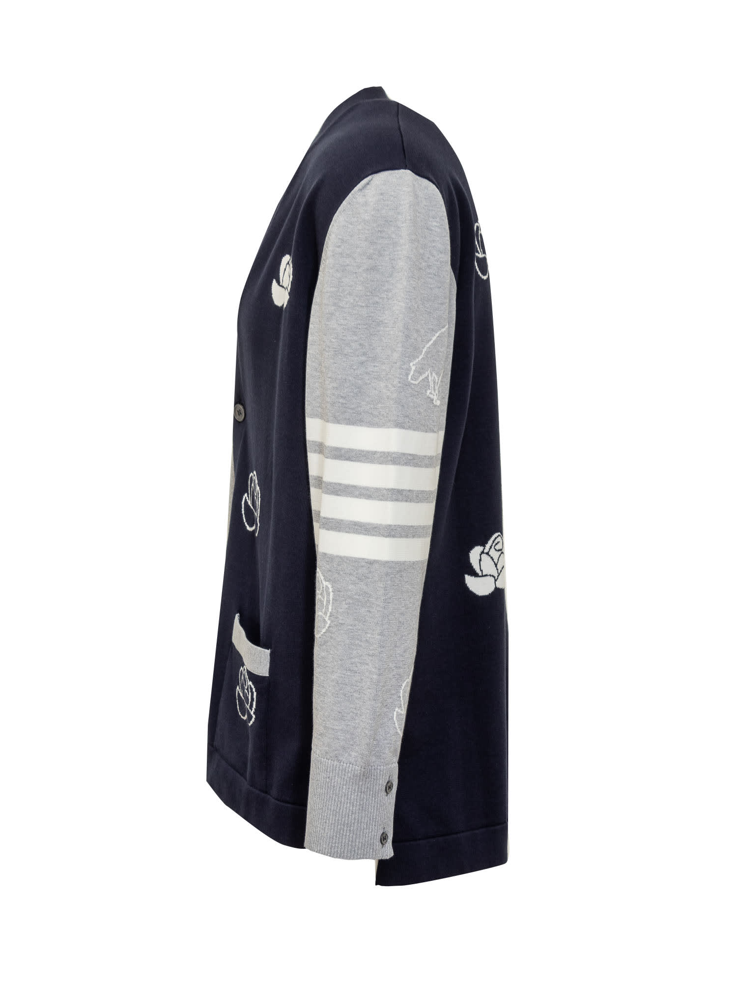 Shop Thom Browne Cotton Birds And Flowers Cardigan In Navy/grey