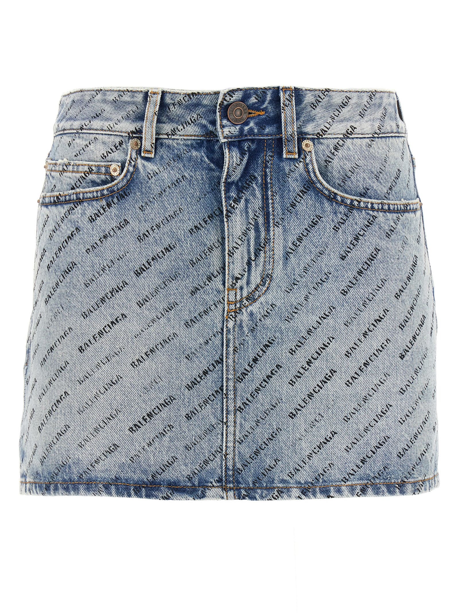 Shop Balenciaga Logo Denim Skirt In Light Blue