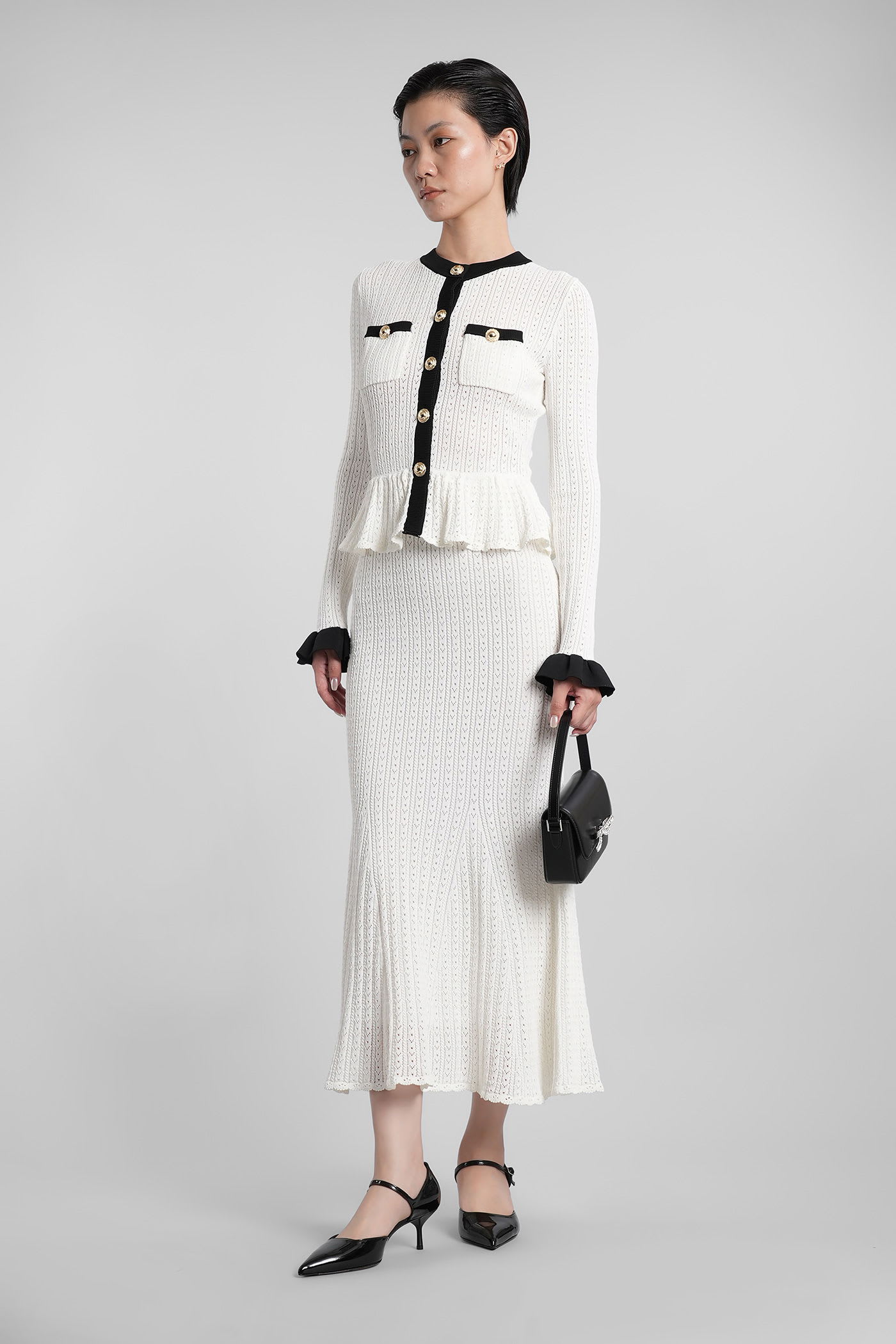 Self-portrait Pointelle Knit Contrast Midi Dress In White