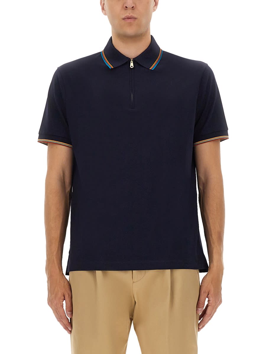 Paul Smith Cotton Polo Shirt With Zipper In Blue