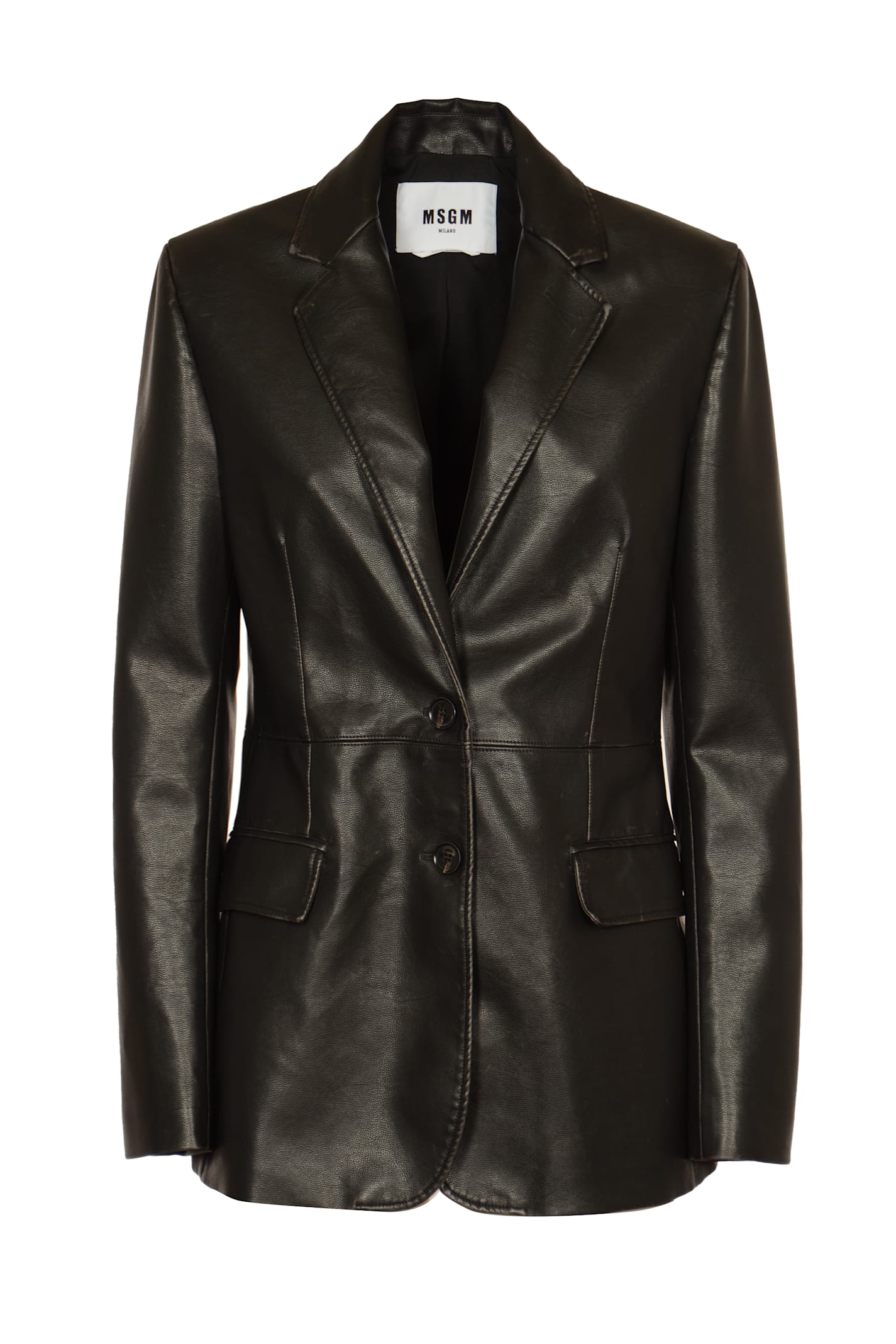 Shop Msgm Button Fastened Leather Blazer In Black