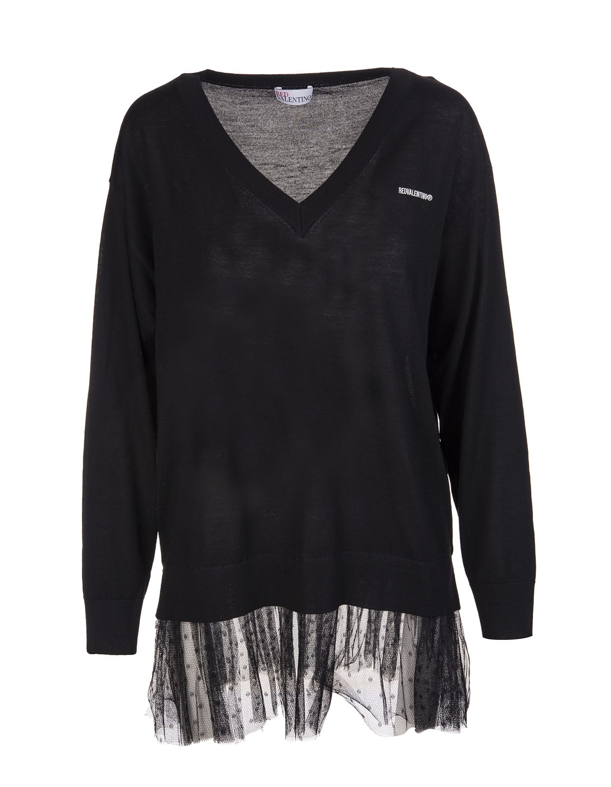 RED Valentino Black Wool V-neck Sweater With Point Desprit Tulle Insert