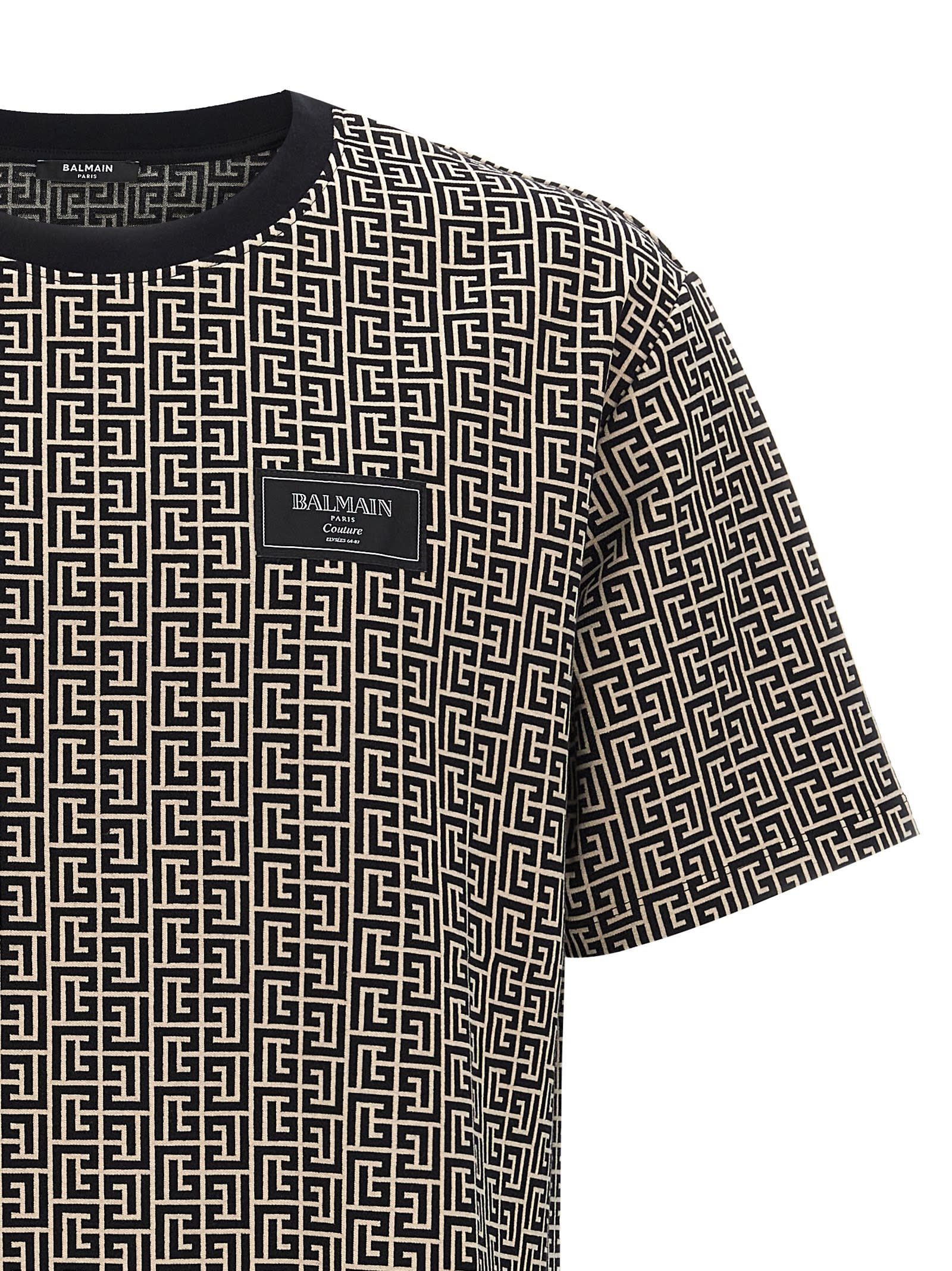 Balmain Grey T-shirt With Logo Applied On The Chest And All-over Labyrinth Motif In Cotton Man In Black