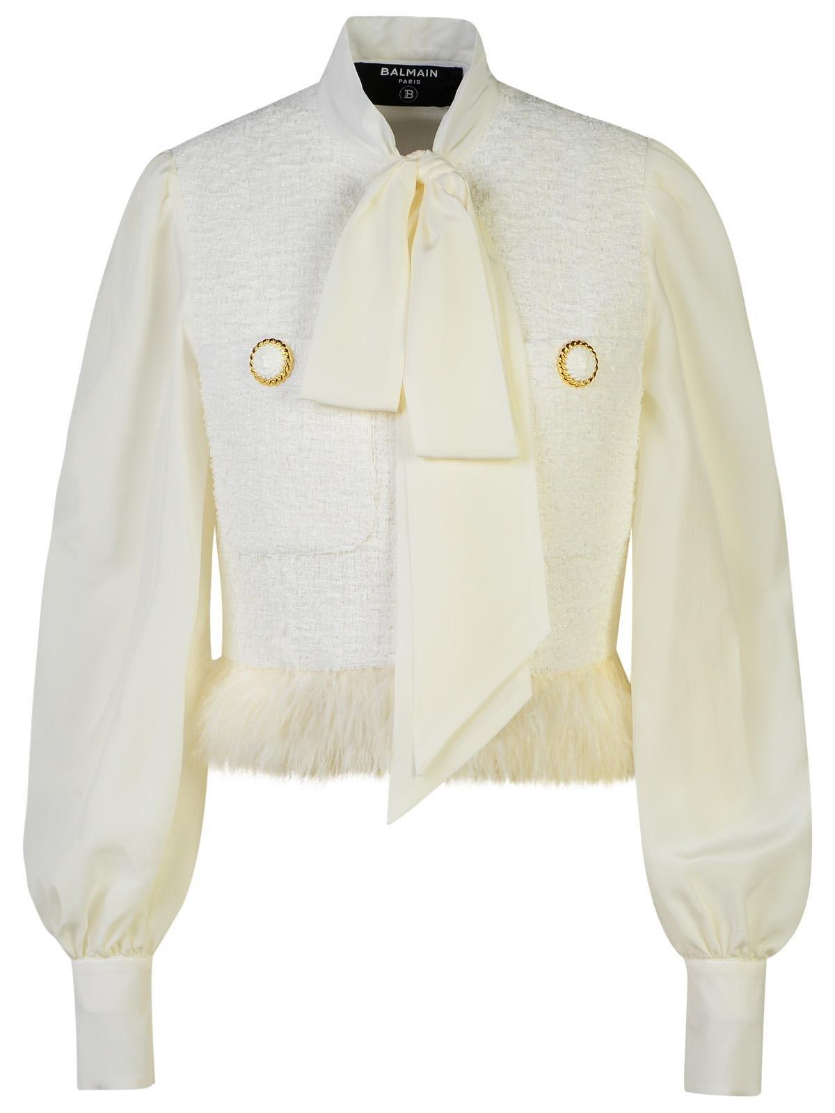 Shop Balmain Tweed Crepe Jacket In White