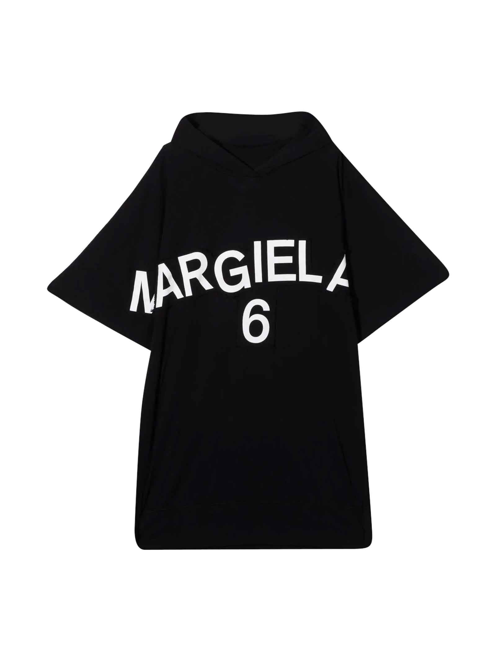 Black Teen Girl Dress With Logo Print On The White Front, Hood, Short Sleeves And Straight Hem By Mm6 Maison Margiela Kids.