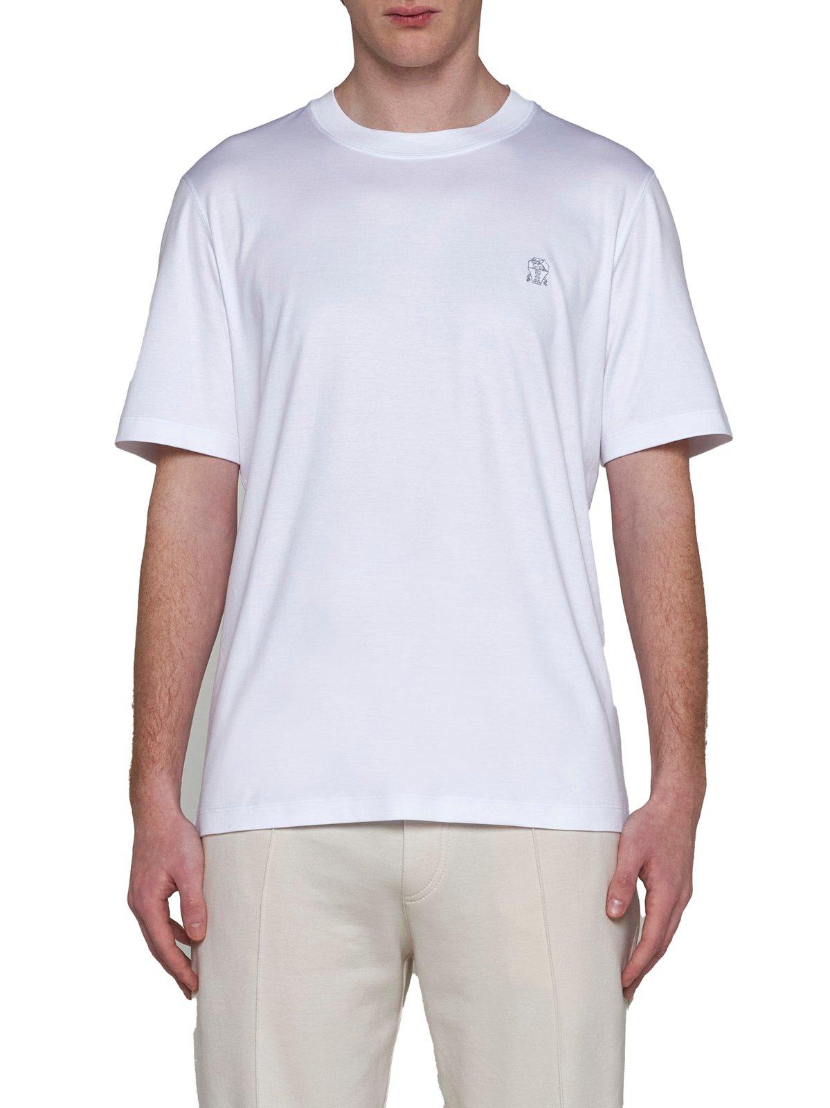 Shop Brunello Cucinelli Logo Embroidered Crewneck T-shirt In White