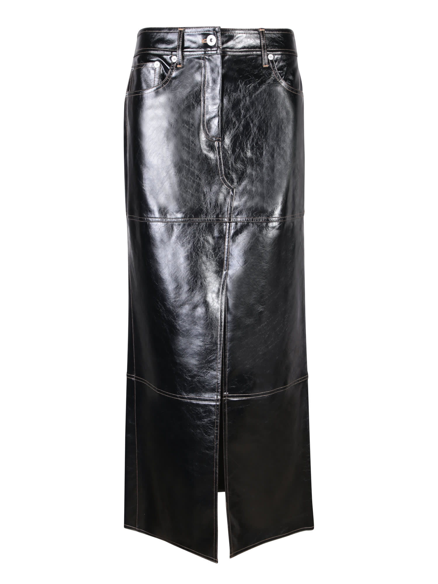 Black Long Split Faux Leather Skirt