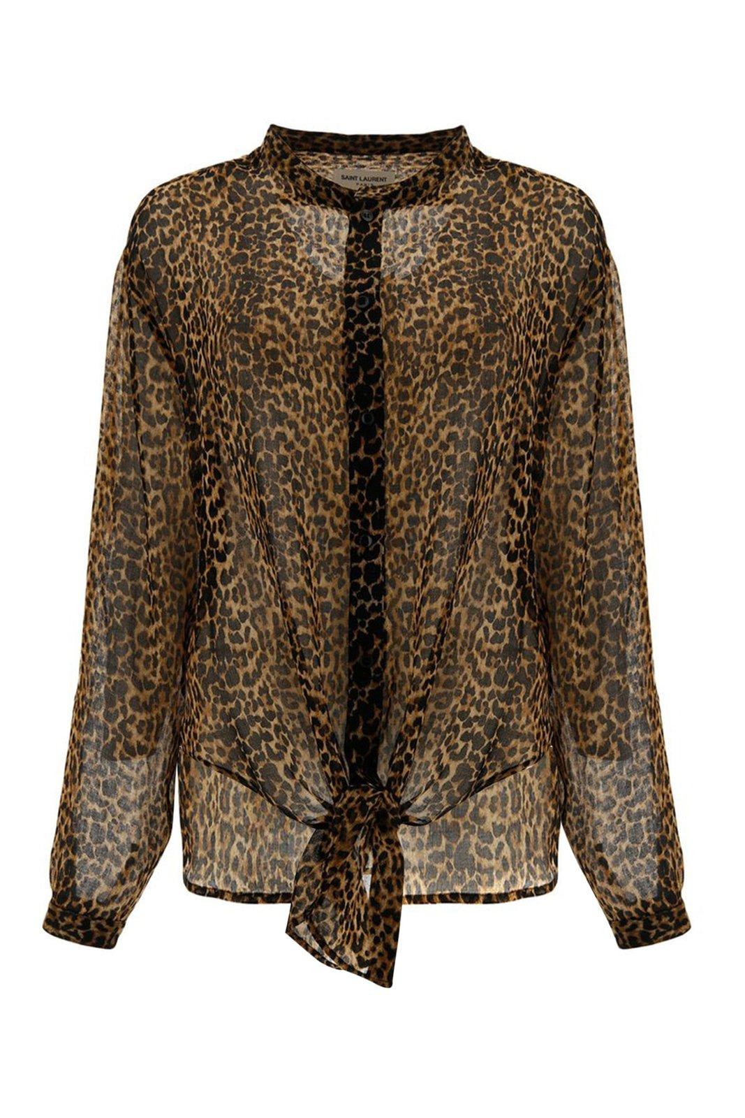 Saint Laurent Leopard Print Sheer Shirt In Animalier