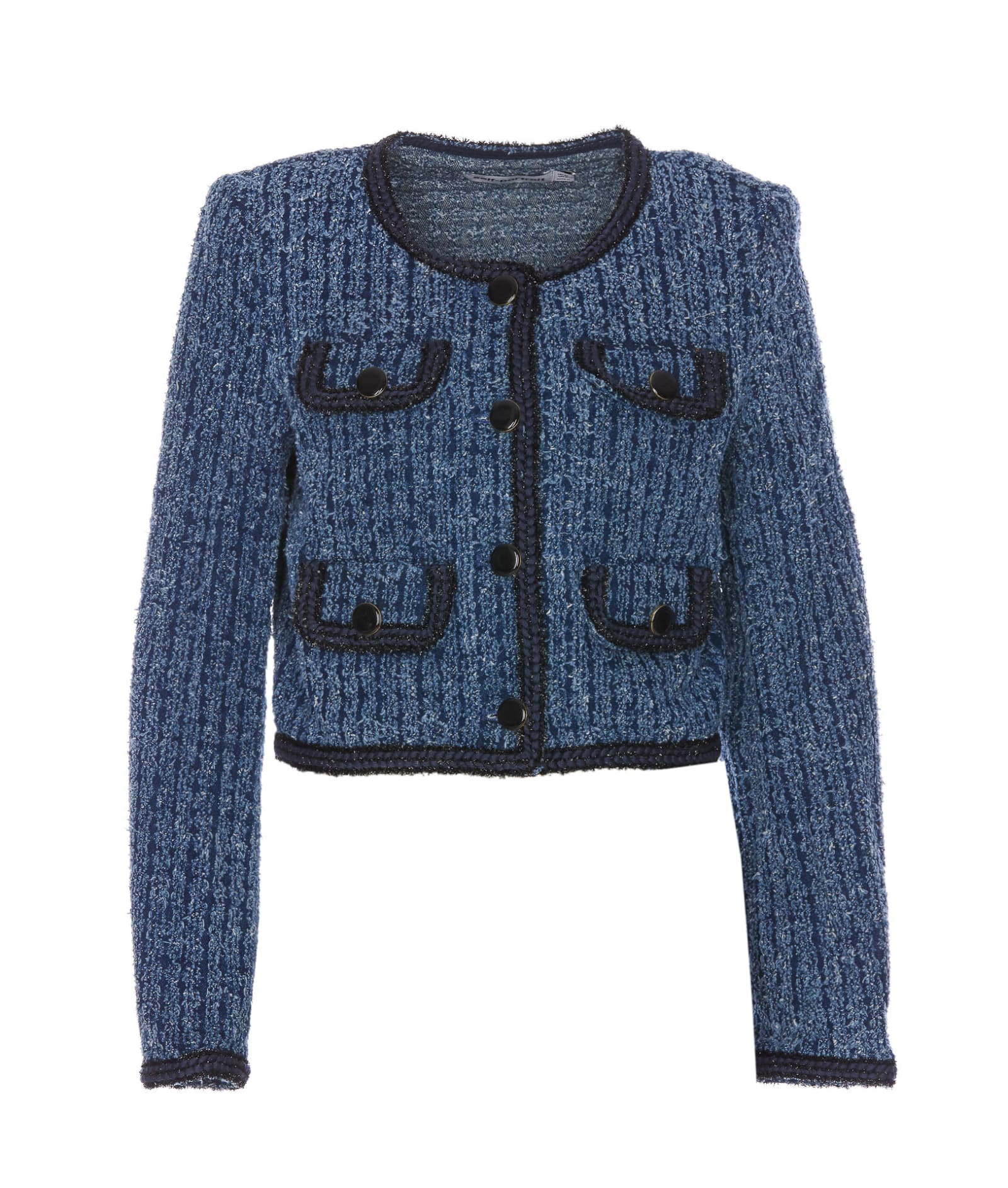 Shop Self-portrait Textured Denim Jacket In Blue