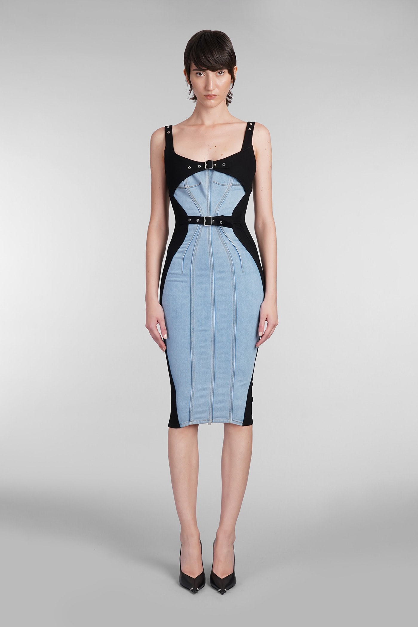 Shop Mugler Dress In Blue Cotton