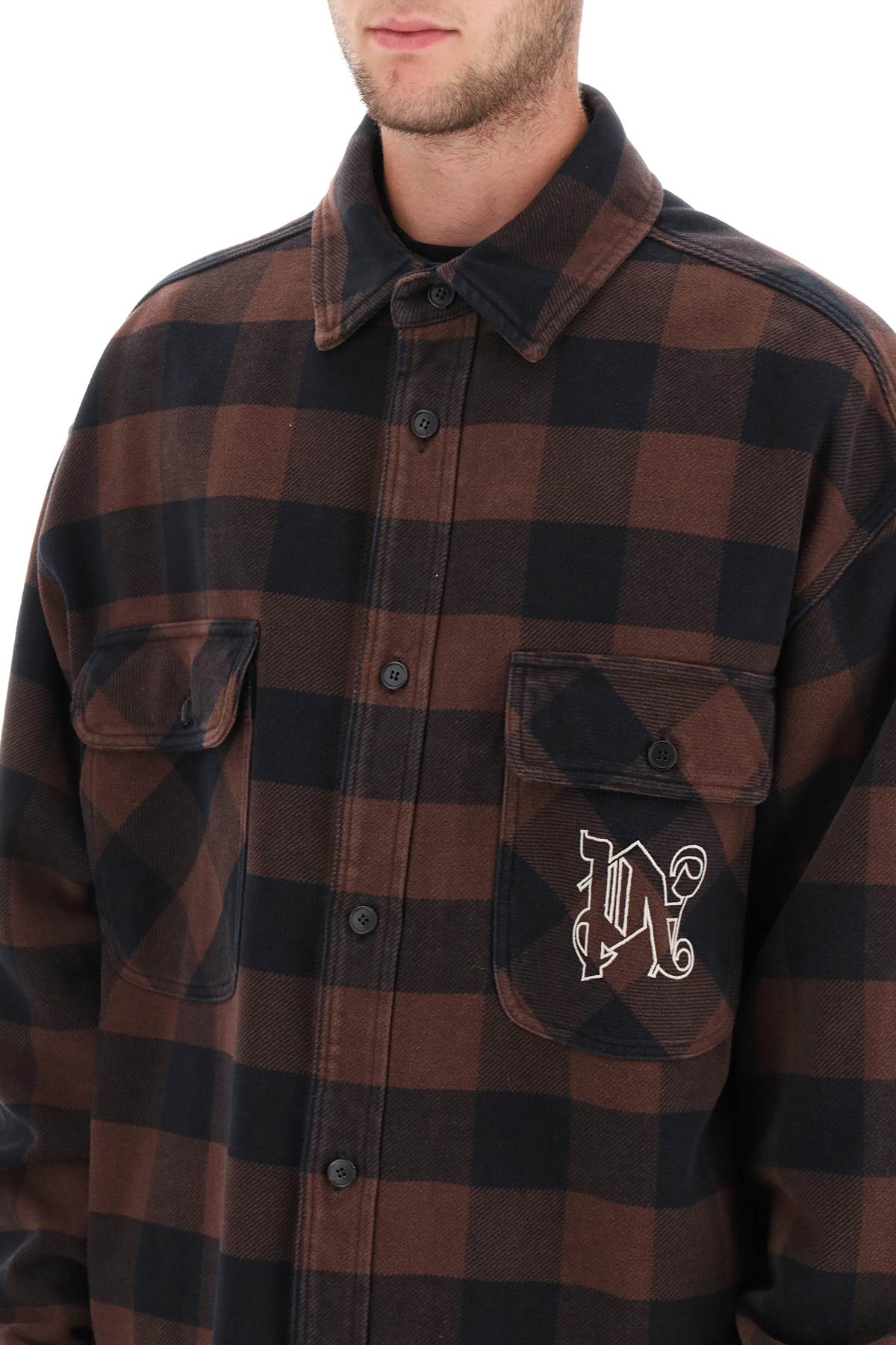 Shop Palm Angels Flannel Overshirt With Check Motif In Brown