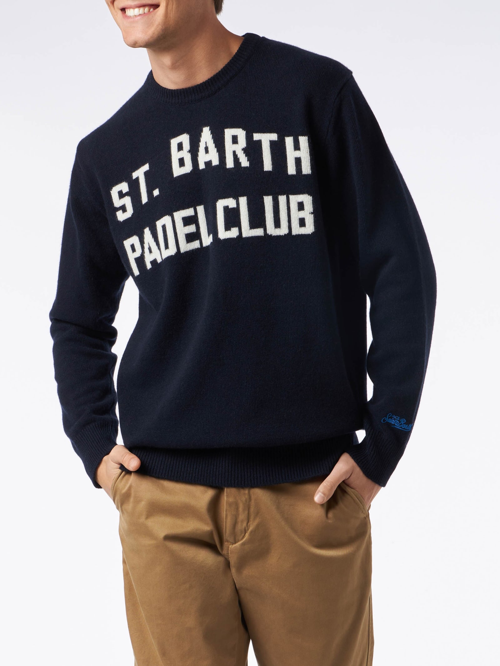 Mc2 Saint Barth Man Crewneck Sweater With St. Barth Padel Club Jacquard Print In Blue