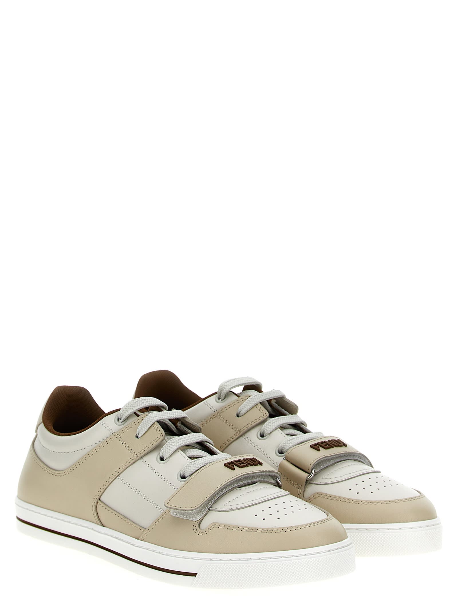 Shop Fendi Leather Sneakers In Beige