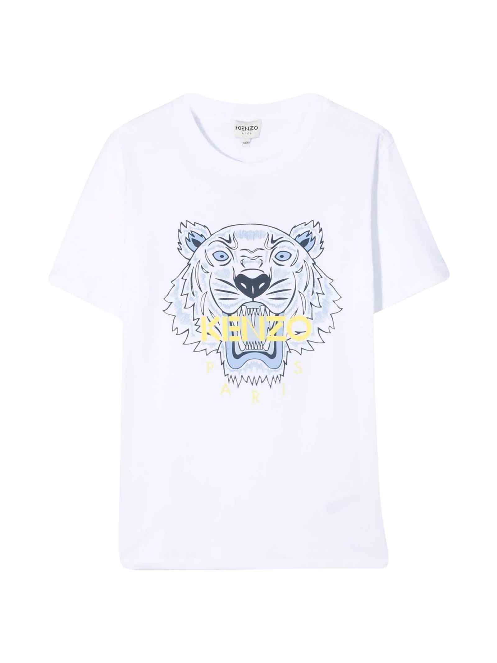 Kenzo Kids White Teen Unisex T-shirt With Tiger Print On The Chest, Round Neckline, Short Sleeves And Straight Hem By.