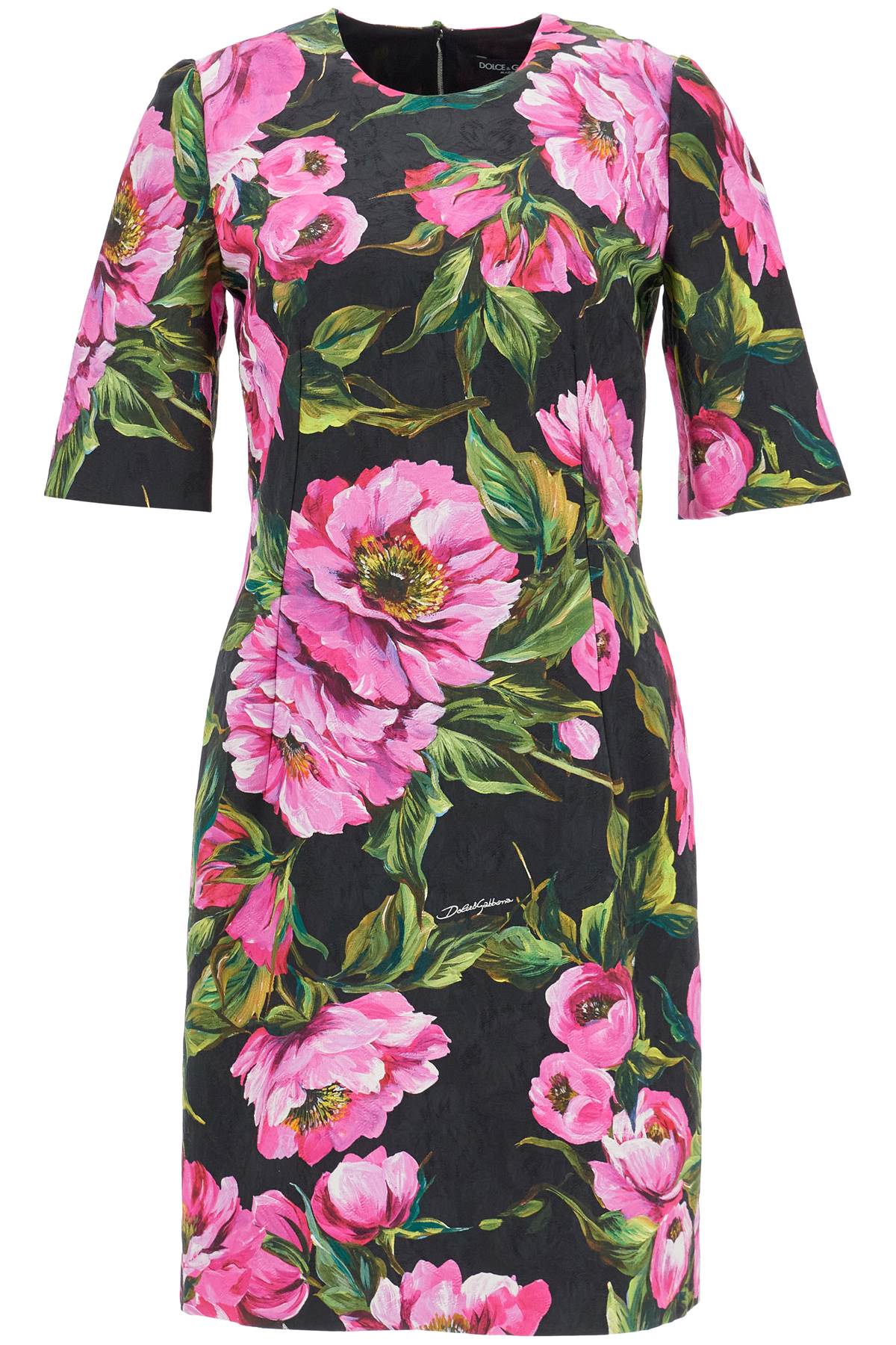 Dolce & Gabbana Black Floral Cotton Dress With Peonies In Peonie Fuxia F.nero (black)
