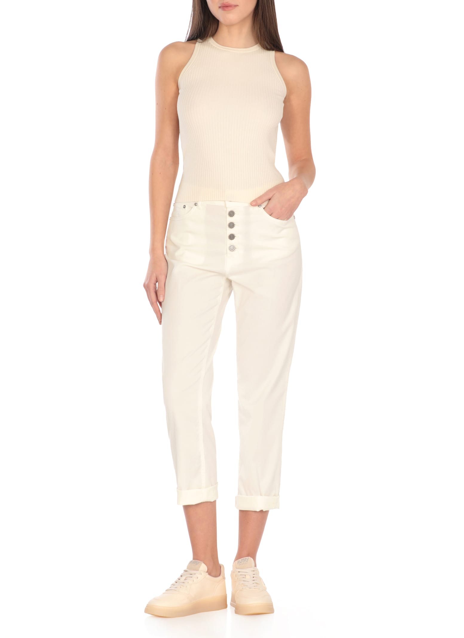 Dondup Cropped Cotton-blend Denim Jeans With Button Detailing In Ivory