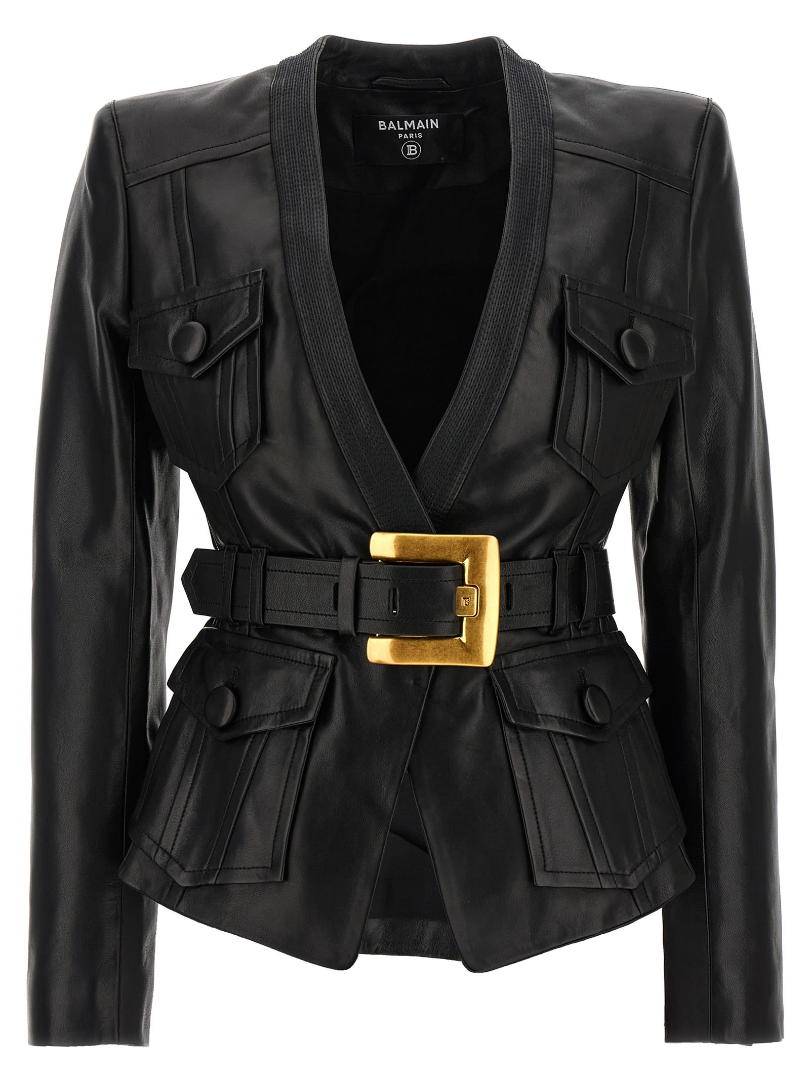 Balmain Belted 4 Pokets Fitted Lambskin Jacket Clothing In Black