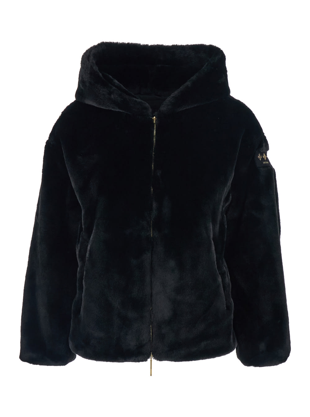 Tatras Yumola Black Jacket With Drawstring Hood And Logo Patch On The Sleeve In Ecofur Woman In Black