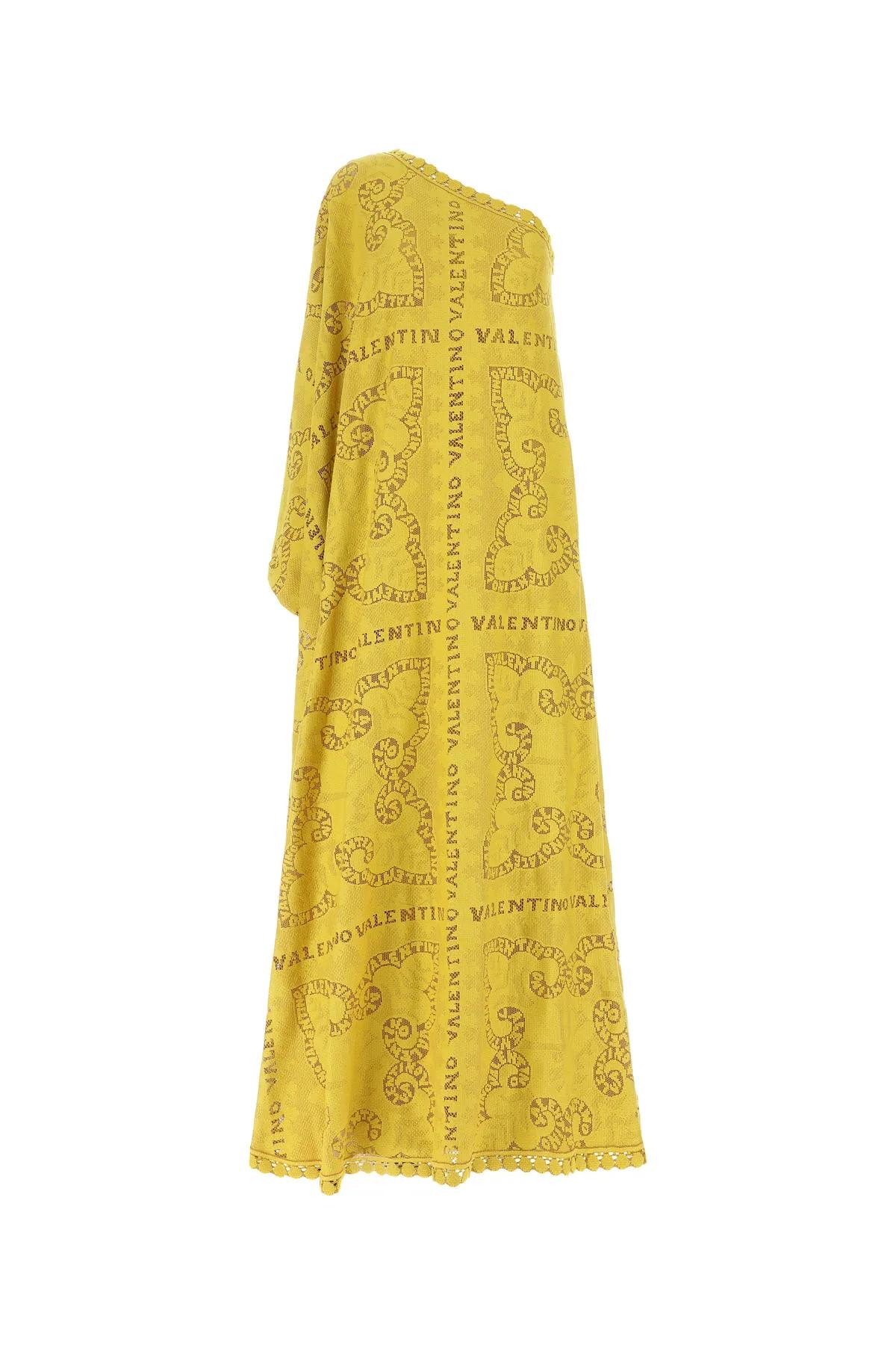 VALENTINO MUSTARD COTTON GUIPURE LACE ONE-SHOULDER LONG DRESS