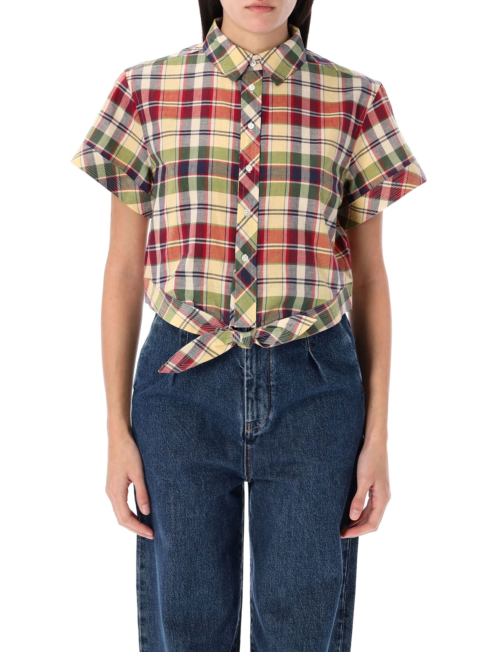 Cropped Plaid Tie-front Top