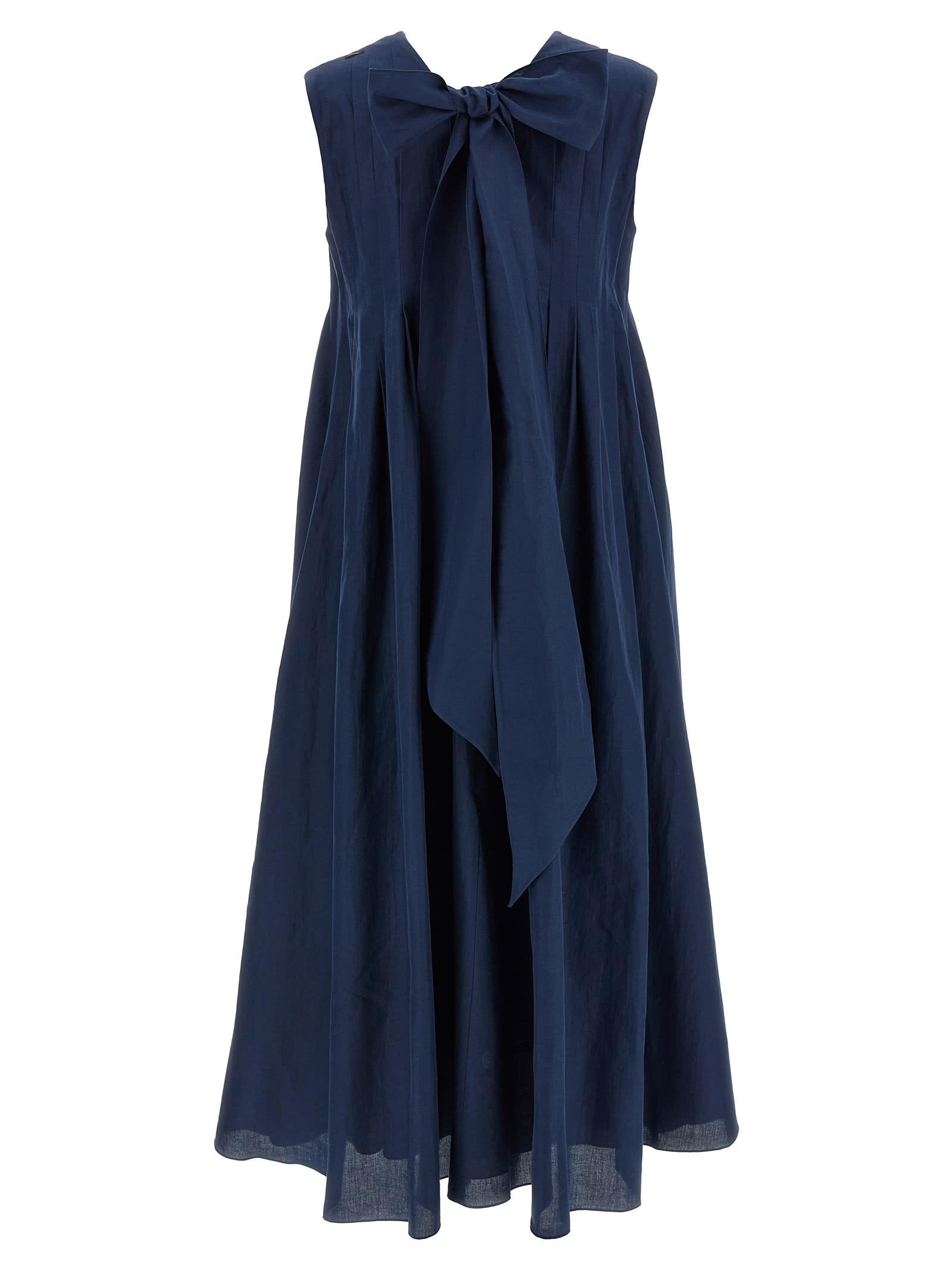 's Max Mara Pleated V-neckline Midi Dress Bow Detail In Blue
