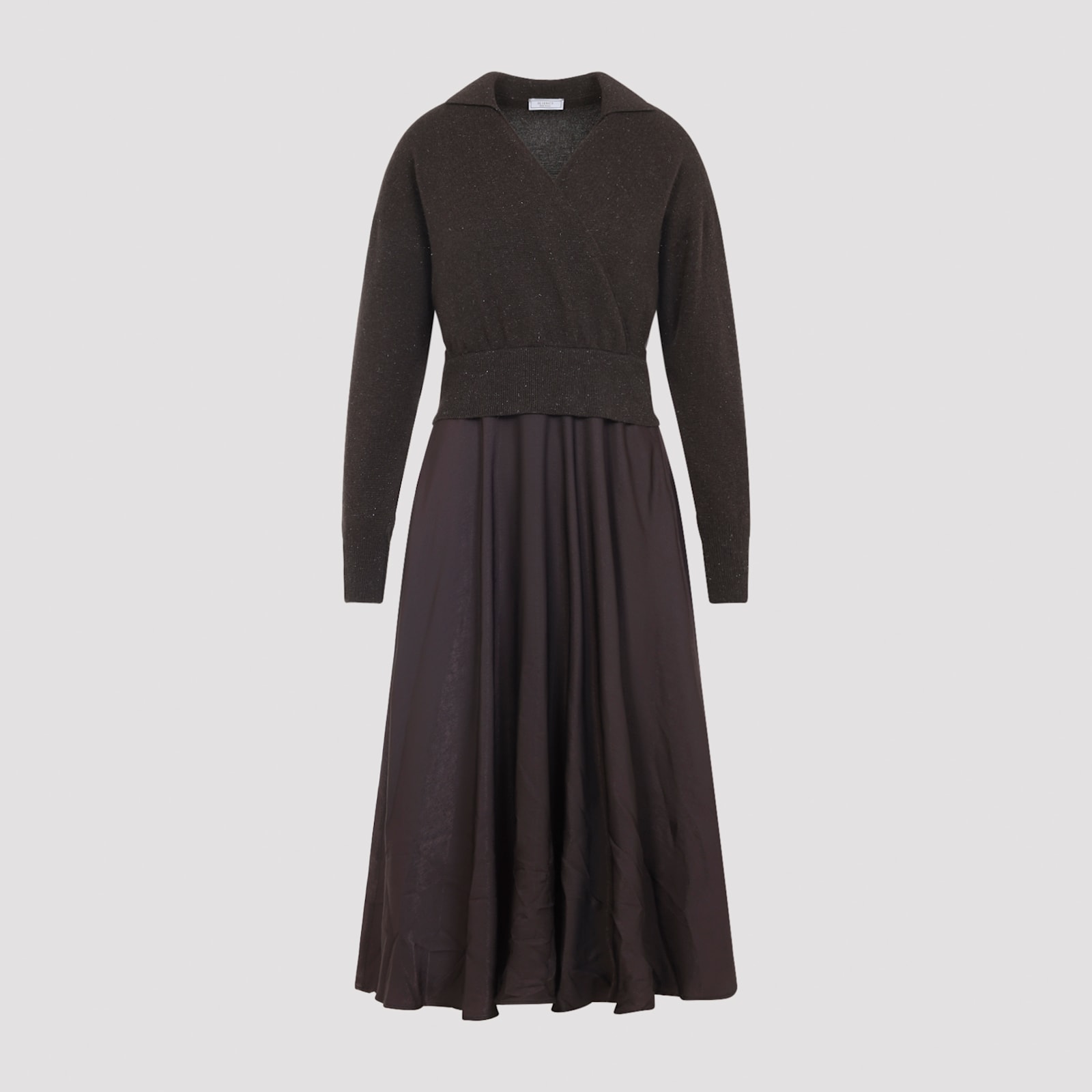 Peserico Ebony Brown Two-fabric Midi Dress With Pointed Collar In Multi