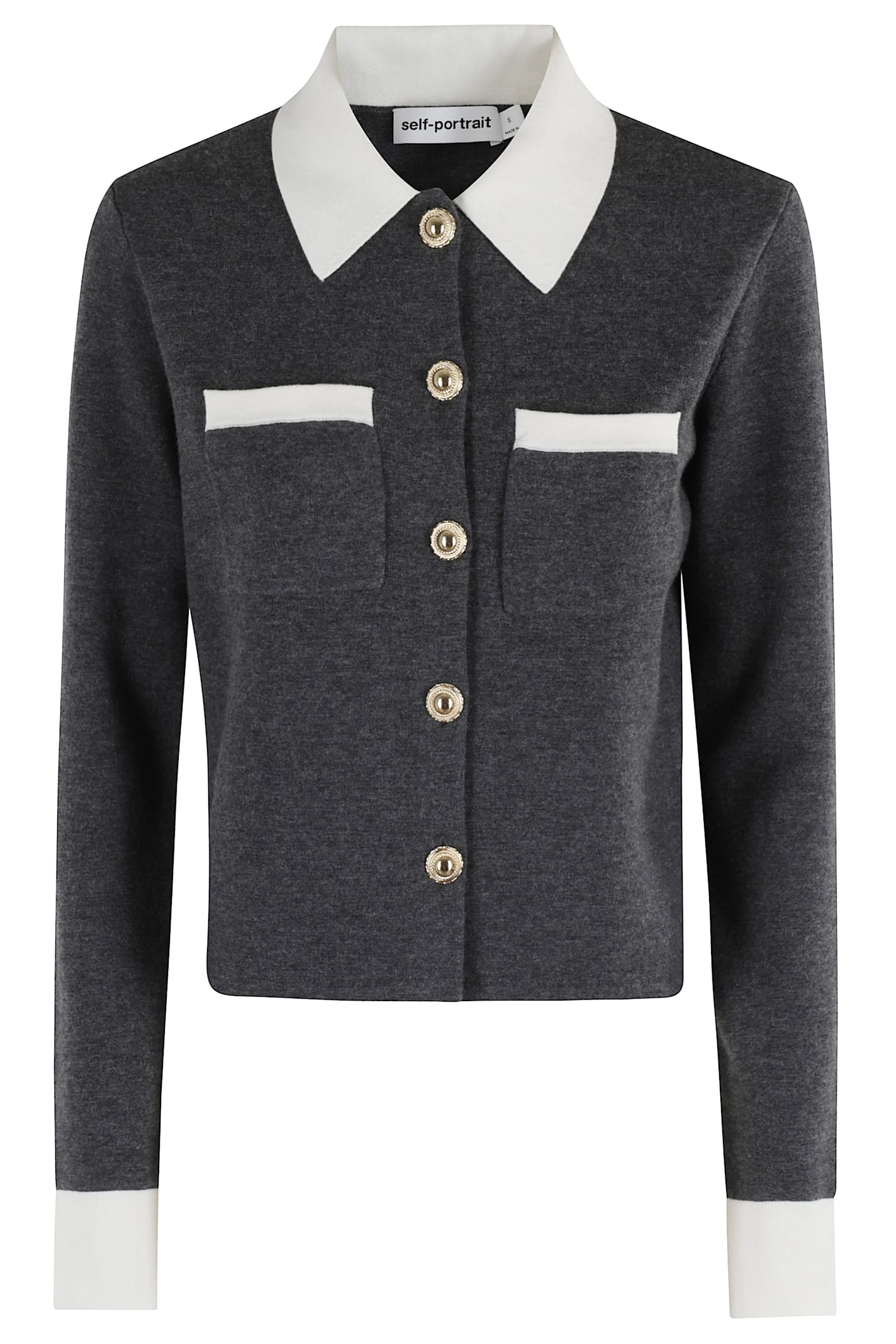 Self-portrait Contrast Collar Cardigan In Gray