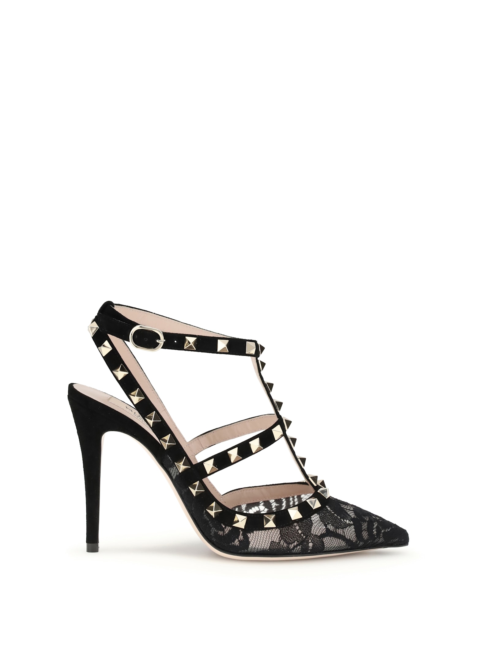 Valentino Rockstud 100 Lace And Suede Pumps In Black