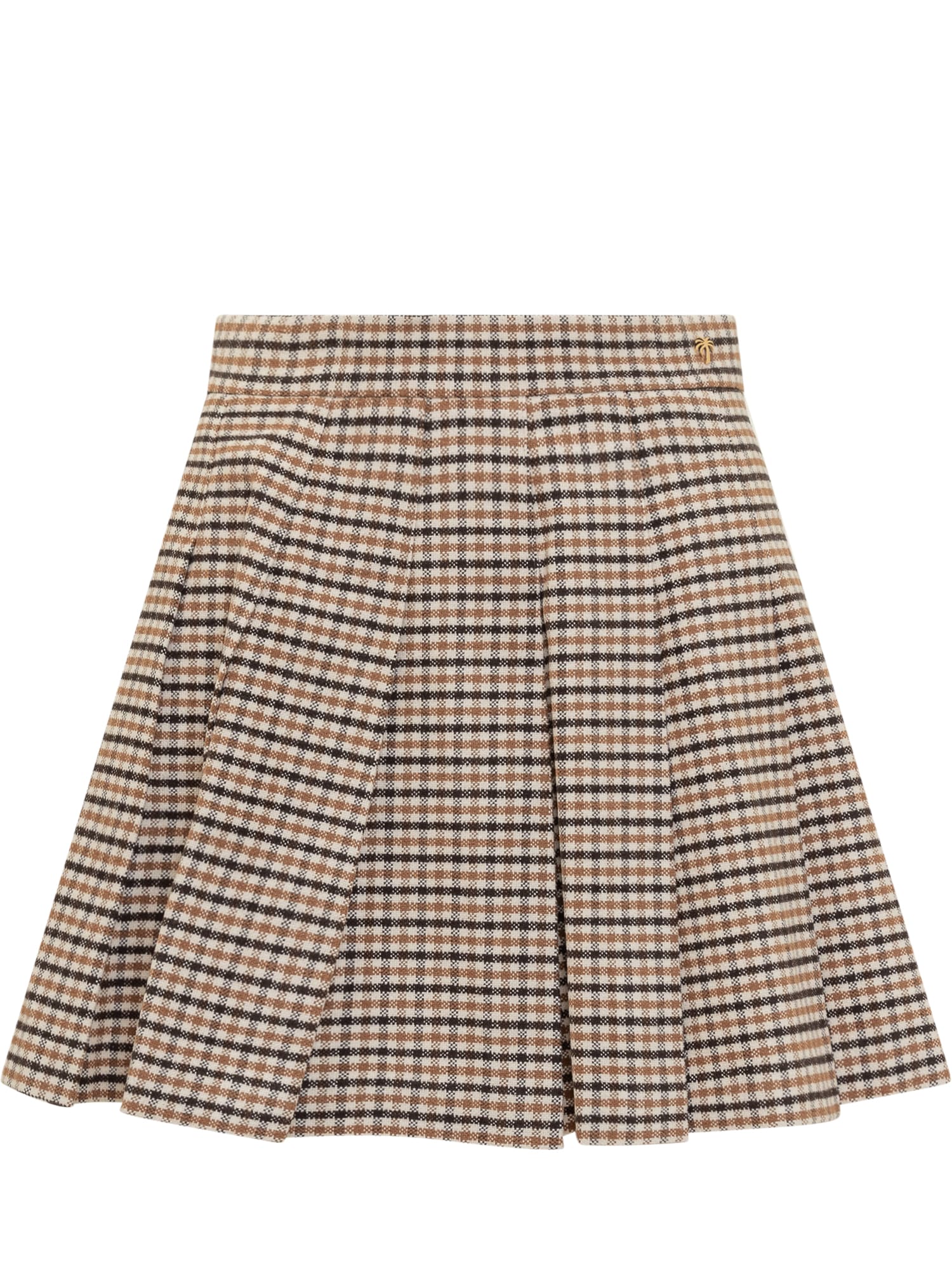 Palm Angels Micro Check Cotton Pleated Skirt In Brown Beige