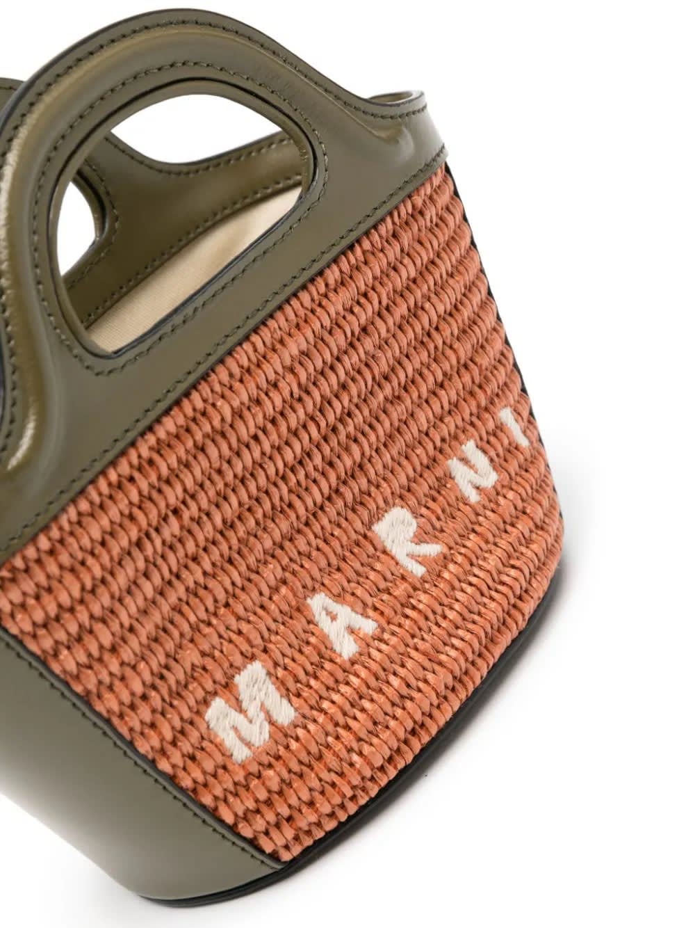Shop Marni Micro Tropicalia Summer Bag In Khaki Leather And Orange Raffia In Green