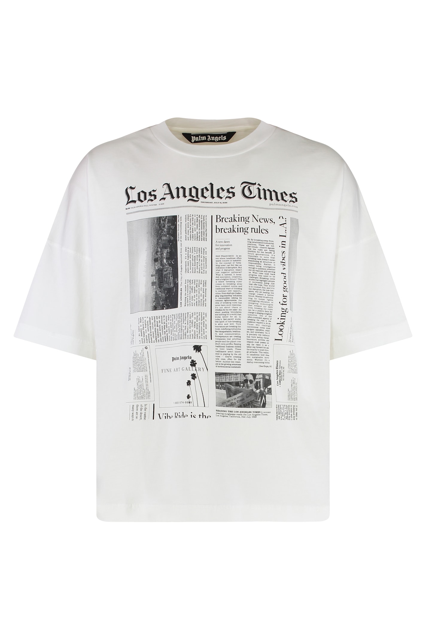 Palm Angels Oversized Newspaper Print T-shirt With Contrasting Graphic In White