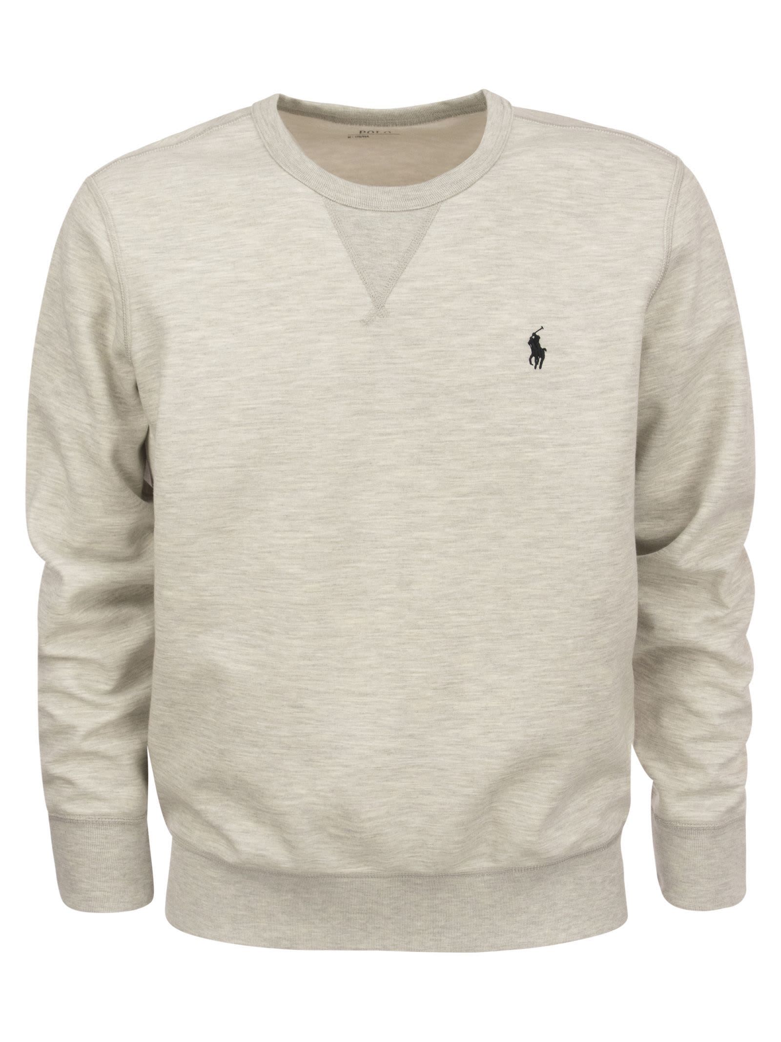 Shop Polo Ralph Lauren Double Knit Crew Neck Sweatshirt In Melange Grey