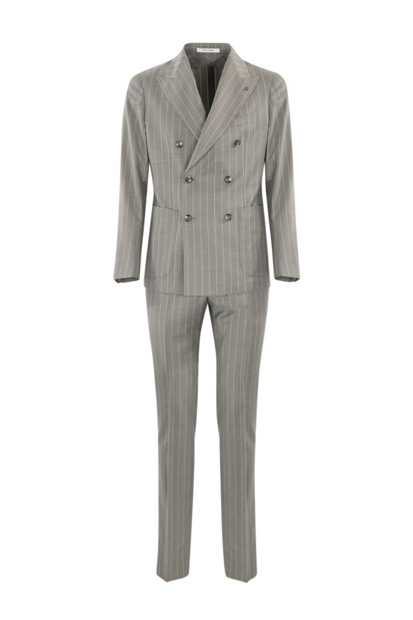 Shop Tagliatore Double-breasted Pinstriped Wool Suit In Grigio